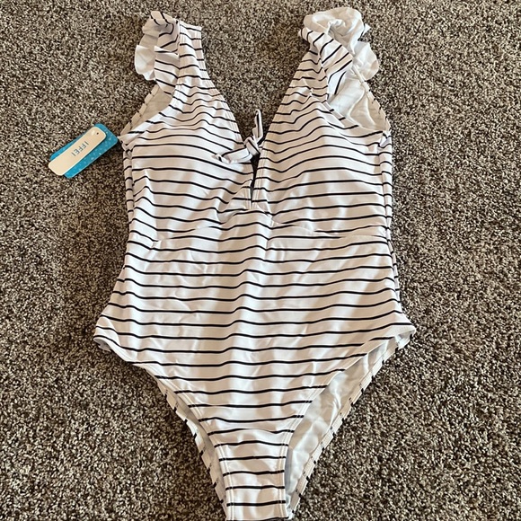 Black and white striped ruffle one piece swimsuit - Picture 2 of 4